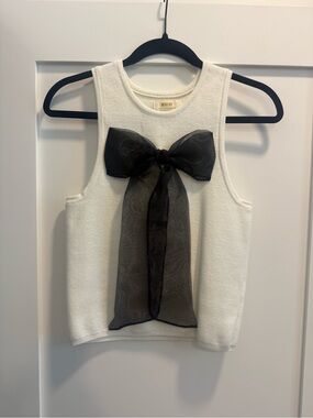 Maeve White Ribbed Tank with Sheer Black Bow